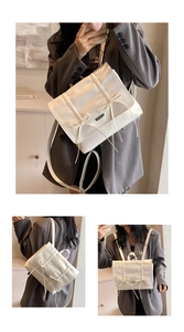 Collage of cream PU backpack featuring elegant ribbon bows and pleated quilted texture