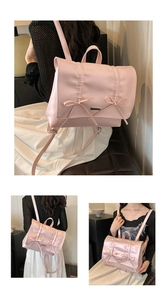 Detail of a pink bow backpack with silk texture PU leather and adjustable straps