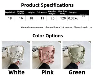 Size chart and dimensions for the cutout PU leather bucket bag with rivet details