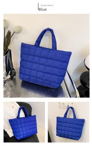 Detail of blue quilted tote bag made of waterproof nylon with square stitch pattern