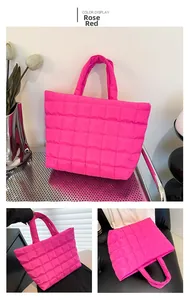 Detailed views of a vibrant rose red quilted tote bag with soft padded handle and texture