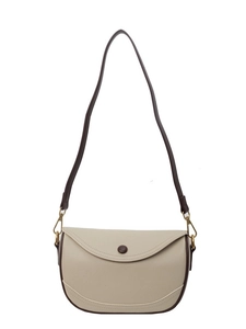 Minimalist beige saddle shoulder bag with dark brown trim and golden metal hooks