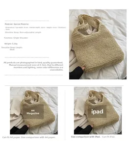 Tabella taglie dettagliata per borsa in paglia con dimensioni per A4 e iPad