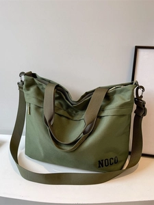Olive green Oxford cloth travel tote bag with NOCO print and adjustable strap