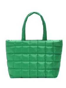 Green quilted puffer tote bag with diamond lattice pattern and soft top handles