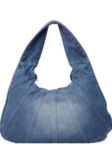 Retro denim patchwork schoudertas in lichtblauwe wassing met brede schouderriem design