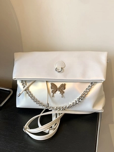 Chic white large-capacity tote bag with silver butterfly charm and metal chain