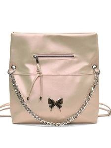 Large champagne tote bag with butterfly metal logo and chunky chain detail
