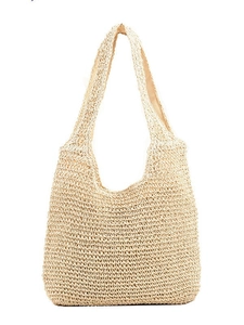 Beige hand-woven straw shoulder tote bag with natural texture for summer beach vacations
