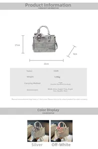 Detaillierte Größentabelle für die bestickte Quadrat-Tasche mit Maßen und Material