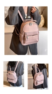 Detailed views of light pink leather backpack with quilted pockets and silver zippers