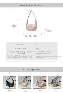 Detailed spec sheet showing size 39x18x13cm and four colors of the bow knot hobo bag