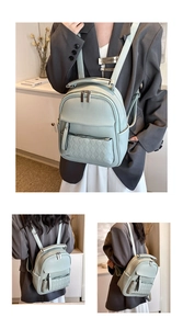Detail of light green faux leather backpack with quilted pockets and adjustable straps