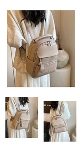 Detail of beige faux leather backpack with quilted diamond pocket and lychee texture