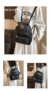Detail of black pebbled leather backpack showing woven pocket and dual zipper design