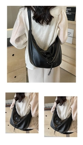 Detailed close-up of a black PU leather tote bag with stylish drawstring and bow details