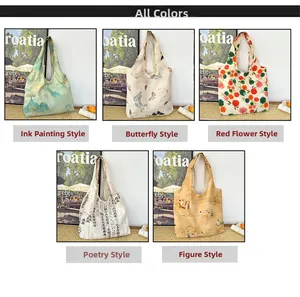 Detailed view showing five patterns of large capacity canvas tote bags with cultural prints
