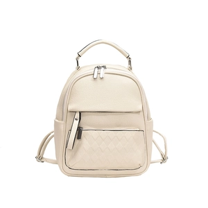 Fashionable cream white women's mini backpack with quilted pocket and lychee texture