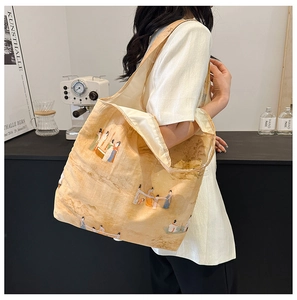 Detail of large tote bag featuring traditional Chinese lady painting and vintage texture