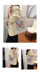Detail of woven tote bag featuring dragon and phoenix embroidery with tassel charm