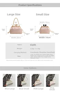 Size chart showing large and small vintage embroidery bags with pearl chain details