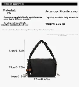 Detailed size chart for black ruched tote bag showing dimensions and adjustable strap