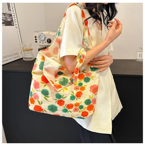 Close-up of floral canvas tote bag showing the vintage flower pattern and thick fabric