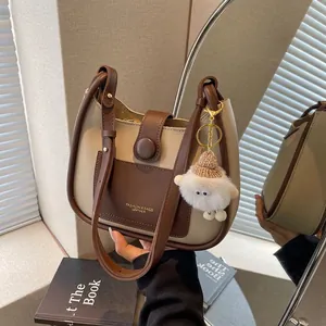 Women Trendy Color Block Synthetic Leather Shoulder Bag Underarm Bucket Style Crossbody Bag With Plush Lamb Charm