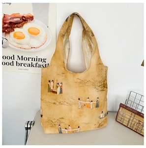 Detail of Chinese style tote bag with classical silk painting print and wide straps