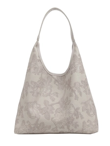 Large gray hobo shoulder bag with embossed rose floral pattern for daily casual use