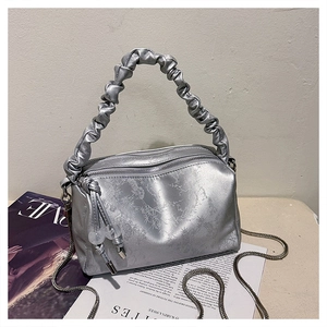 Detailed shot of silver pleated handbag with floral pattern, metal chain and dual zippers