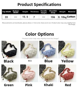 Detailed sizing chart and color display for quilted cloud crossbody bag in eight shades