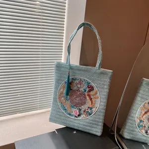 Chinese Style Straw Woven Tote Bag Large Capacity Shoulder Bag Embroidery Tassel For Women Daily Ethnic Vintage Handbag