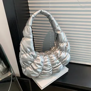 Women Fashion Ruched Cloud Underarm Bag PU Leather Puffy Shoulder Bag Trendy Solid Color Large Capacity Casual Handbag