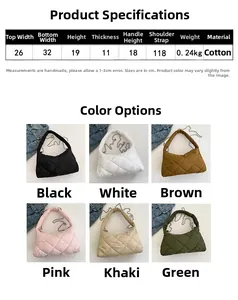 Détails du sac matelassé avec tableau des tailles et six options de couleurs variées