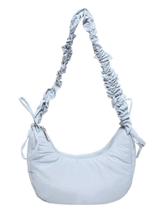 Light blue crescent shoulder bag with elegant pleated strap and soft nylon texture