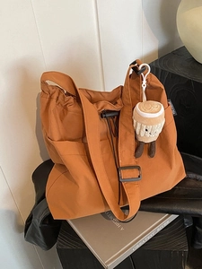 Caramel large capacity nylon tote bag with drawstring and cute plush bear charm