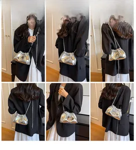 Collage of a silver metallic chain bucket bag with pleated cloud design shown on a model