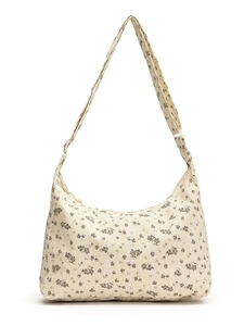 Sac fourre-tout beige à fleurs avec texture froissée et bandoulière réglable