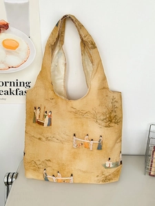 Minimalist canvas tote bag with vintage Chinese art print and large capacity design