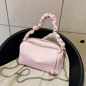 Pink pleated handle handbag with silver chain and dual zipper closures for women