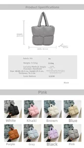 Detailed size chart and multi-color specifications for the quilted down tote bag