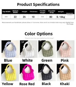 Tabla de tallas y opciones de colores para el bolso bandolera de algodón acolchado
