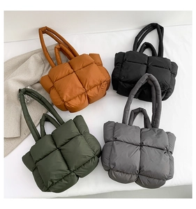 Detailed grid showing four colors of quilted puffer tote bags in brown, black, green, and gray