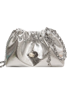 Silver pleated cloud bag with metallic finish, pearl detail and chain strap