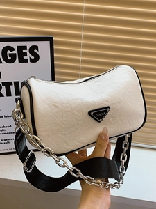 Niche Design Pleated PU Leather Crossbody Bag Women Metal Chain Wide Strap Urban Minimalist Boston Style Shoulder Bag