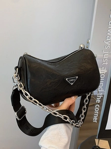 Black vintage wrinkled faux leather shoulder bag with wide strap and silver chain detail