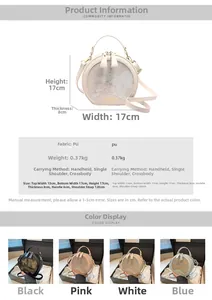 Detailed size chart and specifications for the circular floral embroidered PU crossbody bag