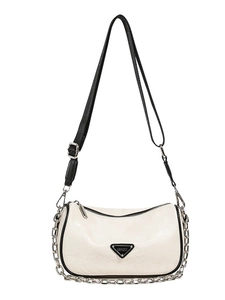 Chic beige leather pillow bag with black trim and silver chain strap for women