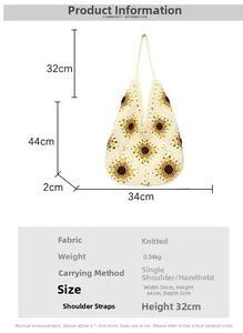 Guide des tailles du sac en tricot tournesol avec dimensions 34x44cm et détails